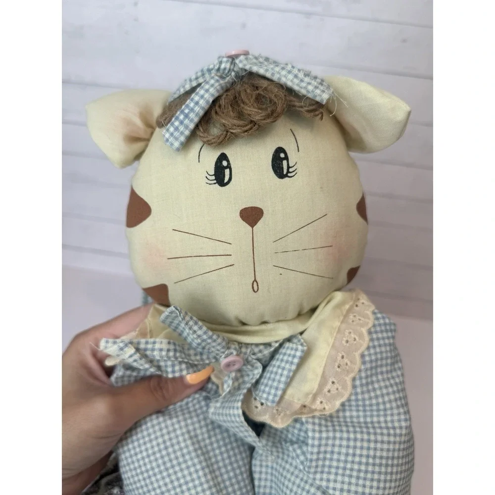 Handmade Country Cat Broom Cover / Broom Hider Cloth Doll – Blue Gingham – 19